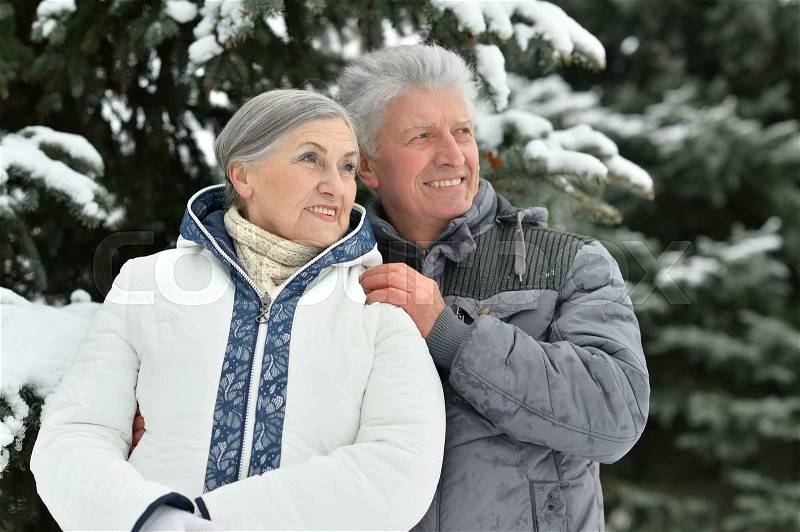 Portrait of a happy senior couple at winter outdoors, stock photo