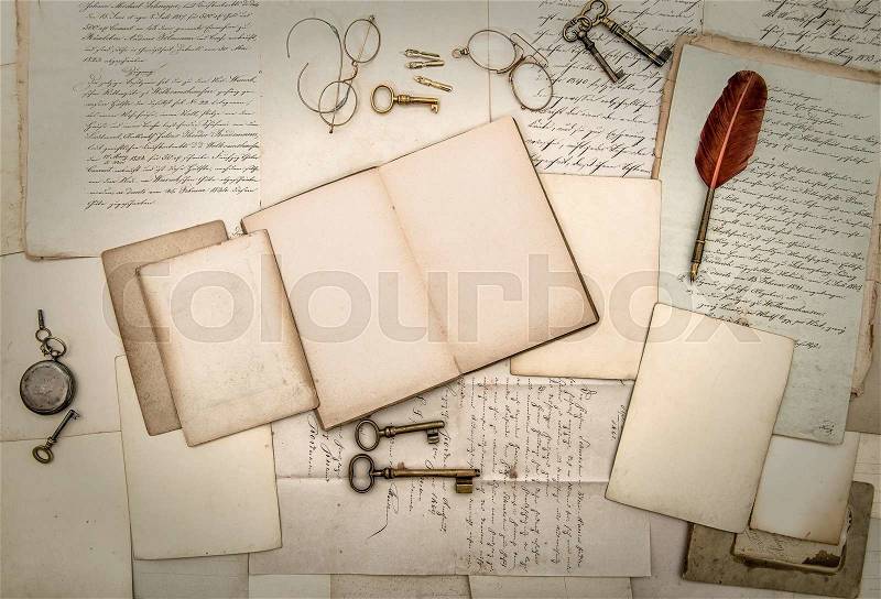 Antique accessories and office tolls, old letters and postcards. Nostalgic scrapbook background, stock photo