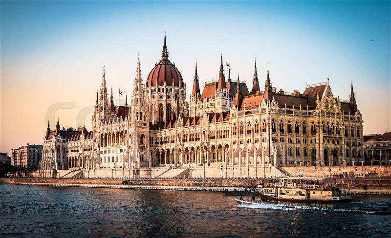 View on National Hungarian Parliament and Danube in Budapest, stock photo