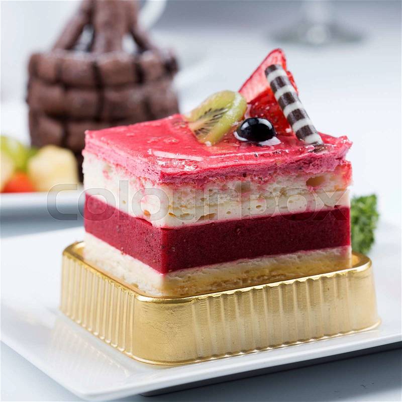 Strawberry Mousse Cake on the white Plate, stock photo