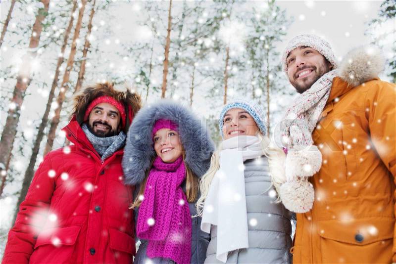 Love, relationship, season, friendship and people concept - group of smiling men and women walking in winter forest, stock photo