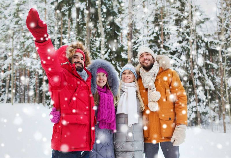 Love, relationship, season, friendship and people concept - group of smiling men and women pointing finger in winter forest, stock photo