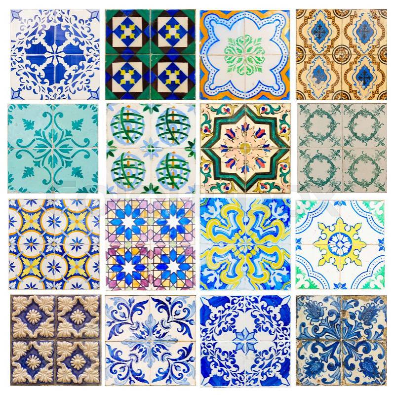 Set of antique traditional tiles asulejos of Portugal, stock photo