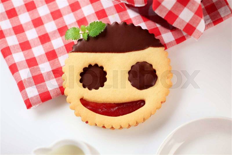 Chocolate dipped jam biscuit - overhead, stock photo