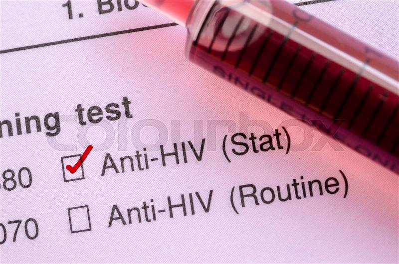 Red correct check mark with blood sample in syringe for HIV test form request, stock photo