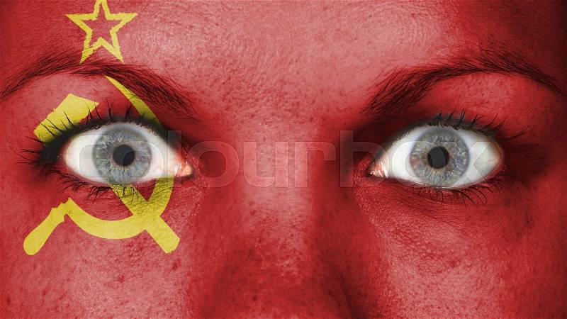 Women eye, close-up, eyes wide open, flag of the USSR, stock photo