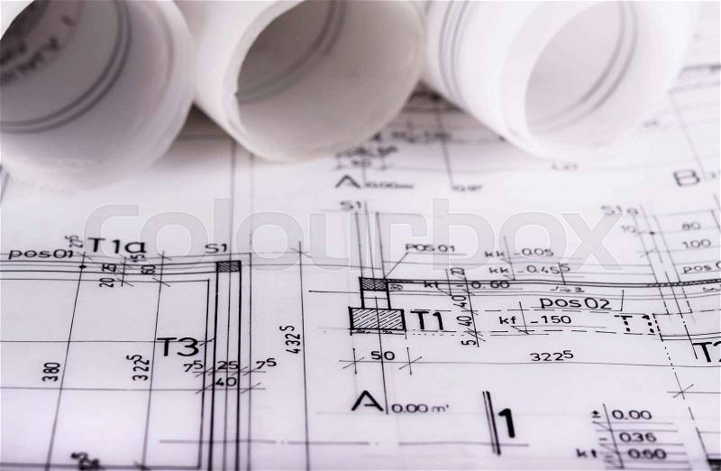 Architecture rolls architectural techical plans project architect blueprints, stock photo