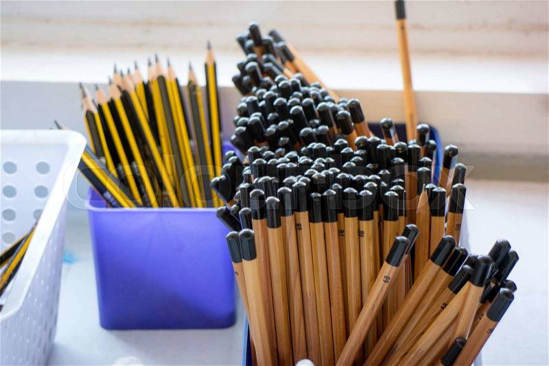 Tub of Pencils in a Classroom, stock photo