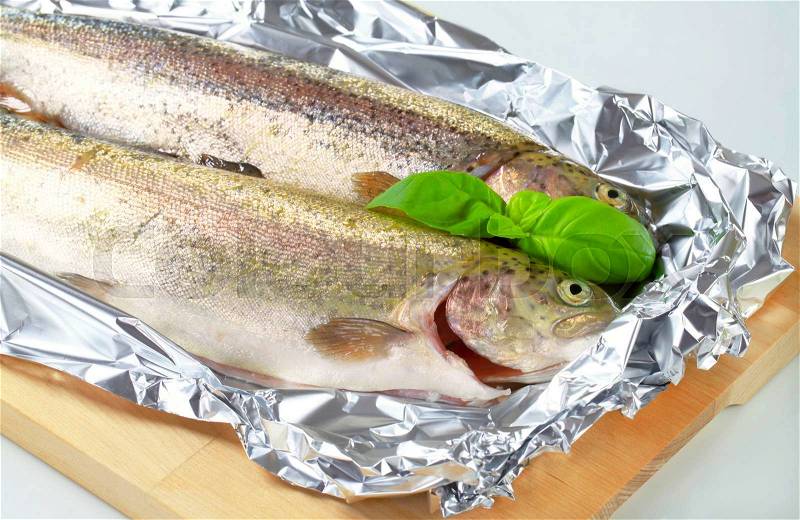 Two fresh trout on tin foil, stock photo