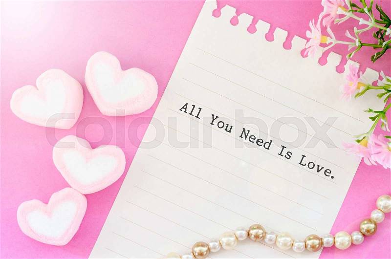 All you need is love with sweet heart shape of pink marshmallows with flower on pink background, stock photo
