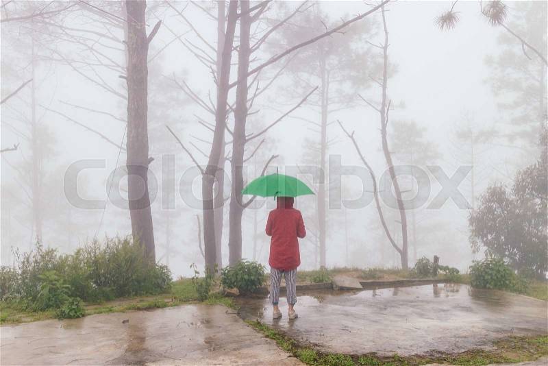 Woman wear red coat open an green umbrella turn back with fog and misty in rainingday, stock photo