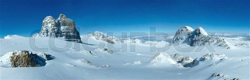 Winter hazy view from Dachstein mountain massif top (Austria), stock photo