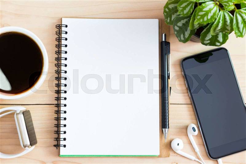 Diary book blank page on wood desk on top, stock photo