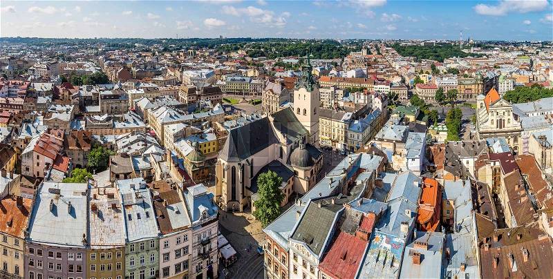 Lviv panoramic bird\'s-eye view of from of the city centre in Ukraine, stock photo