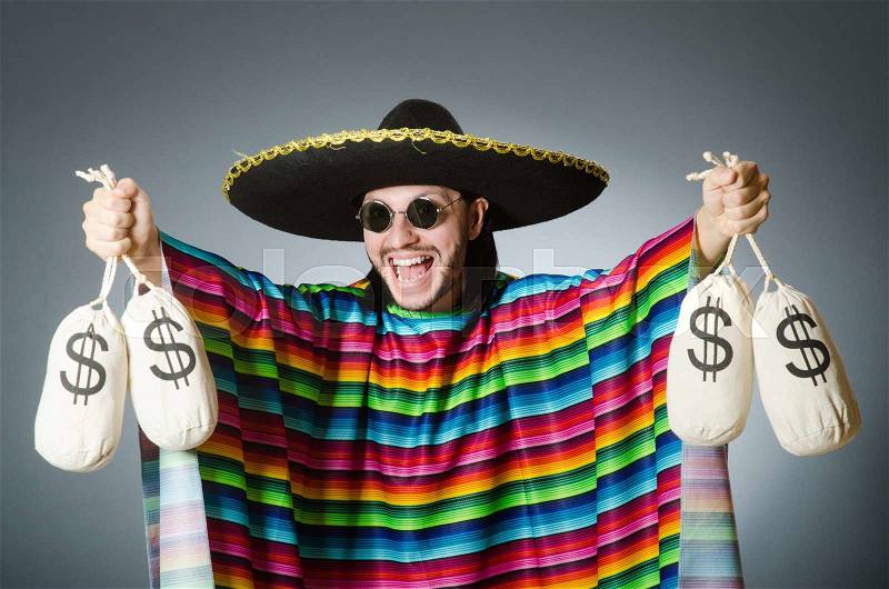 Mexican man with money sacks, stock photo
