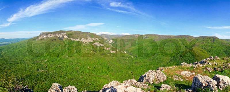 Summer panorama view of Kokkozka River valley (Crimea Mountain, Ukraine). Great Crimean Canyon far left, stock photo