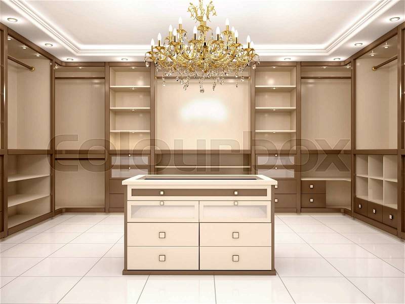 3d illustration of Big empty walk in wardrobe in luxurious house, stock photo