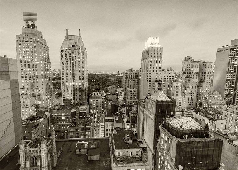 Black and white view of New York skyscrapers, stock photo