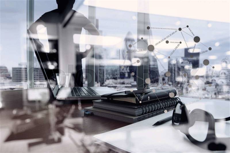 Double exposure of business documents on office table with smart phone and digital tablet and london city blurred view and man thinking in the background, stock photo