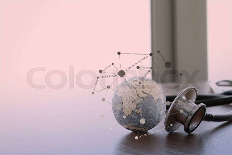 Stethoscope and texture globe with digital tabletwith social media network diagram as medical network concept, stock photo