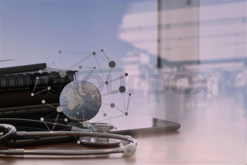 Double exposure of stethoscope and texture globe with digital tablet with social media network diagram as medical network concept, stock photo