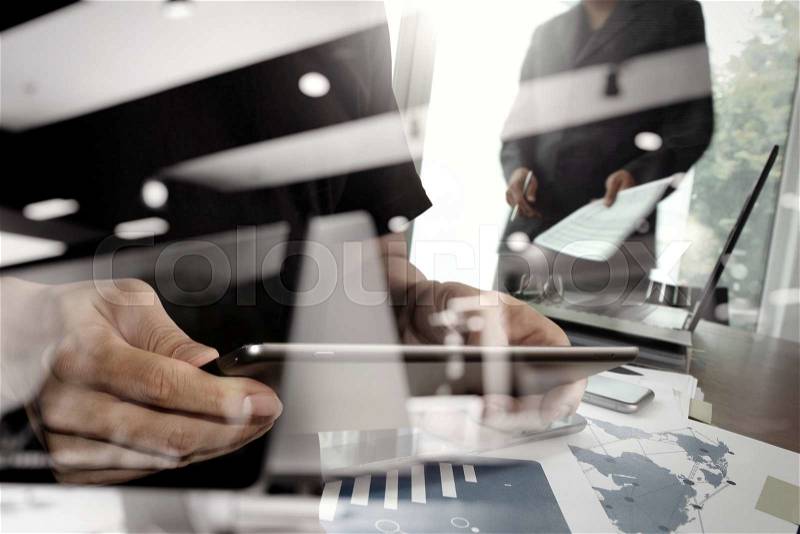 Double exposure of businessman shows modern technology with business strategy as concept, stock photo