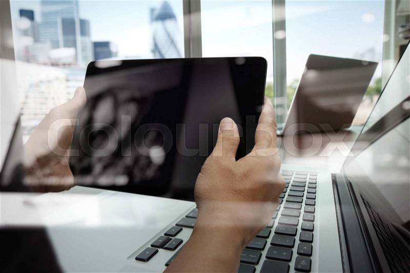 Double exposure of businessman shows modern technology with business strategy as concept, stock photo