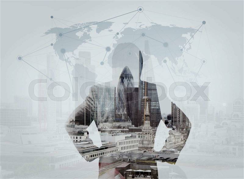 Double exposure of businessman stands successfully on building top Looking Towards the future with social media diagram , stock photo