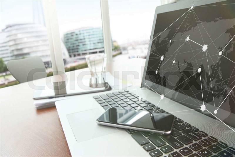 Business documents on office table with smart phone and digital tablet as work space business with social network diagram concept, stock photo