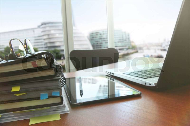Business documents on office table with smart phone and digital tablet as work space business with social network diagram concept, stock photo