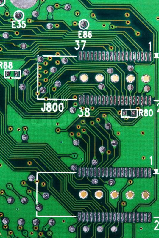 Printed circuit board of a computer with circuits, stock photo