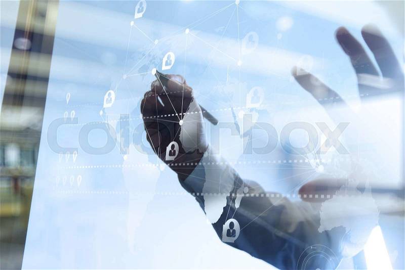 Double exposure of businessman working with new modern computer show social network structure and bokeh exposure, stock photo