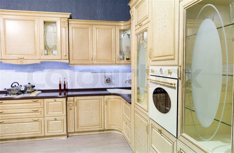 Interior of modern pastel kitchen, stock photo