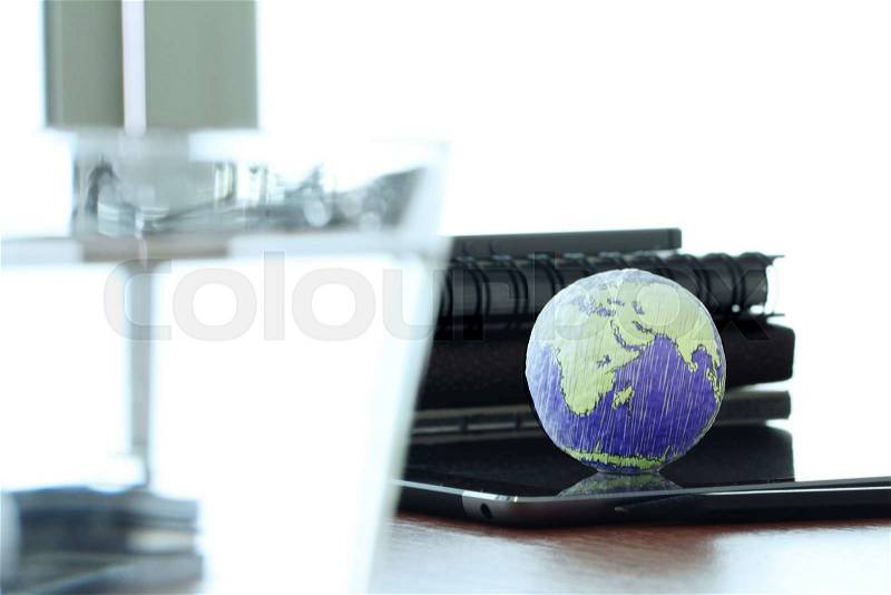 Hand drawn texture globe with blank social media diagram on digital tablet computer as internet concept and bokeh exposure Elements of this image furnished by NASA, stock photo