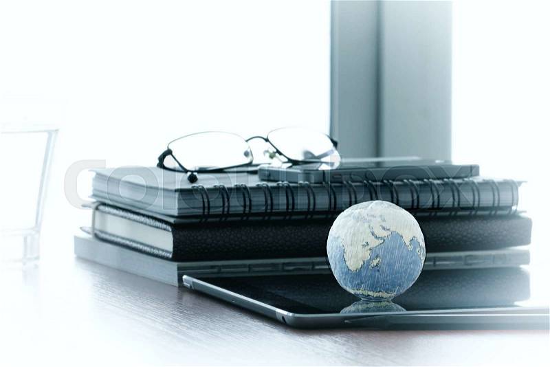 Hand drawn texture globe with blank social media diagram on digital tablet computer as internet concept and bokeh exposure, stock photo