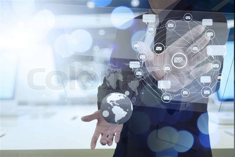 Double exposure of businessman shows modern technology as concept, stock photo