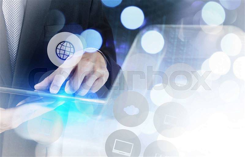 Double exposure of businessman shows modern technology icons as concept, stock photo