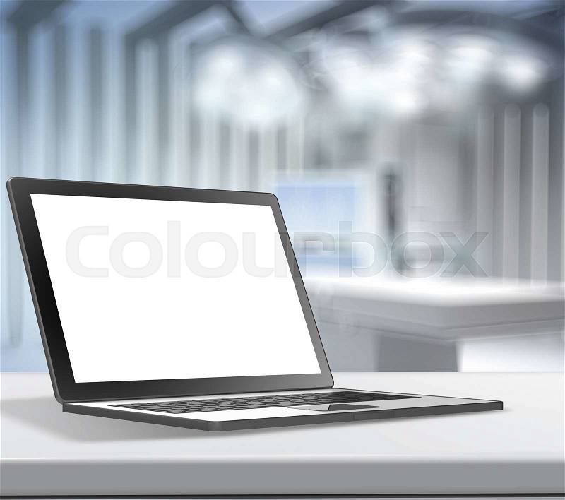 3d Laptop computer with blank screen on blurred background for medical product presentation, stock photo