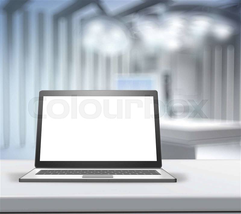 3d Laptop computer with blank screen on blurred background for medical product presentation, stock photo