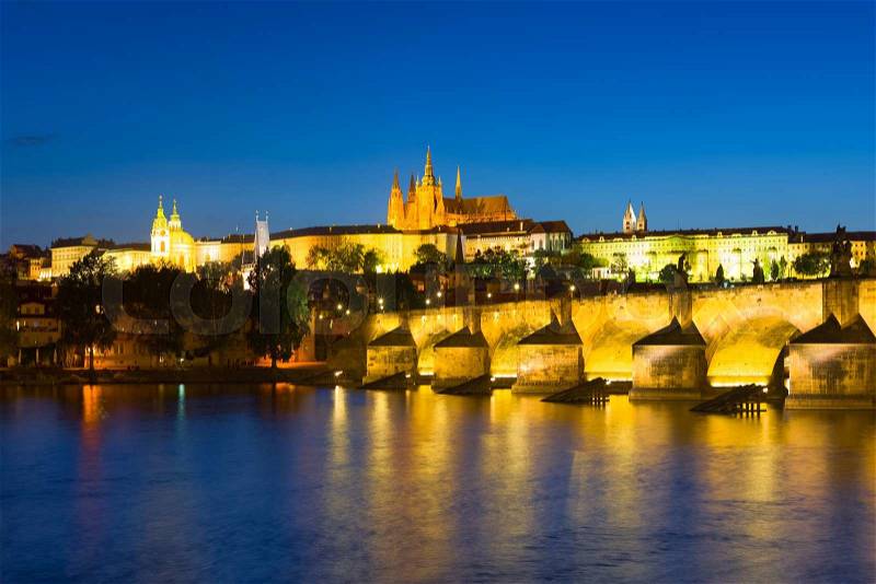 Cityscape of Prague in a summer night, stock photo