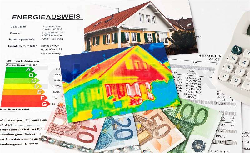 Saving energy through thermal insulation. House with thermal imaging camera photographed, stock photo
