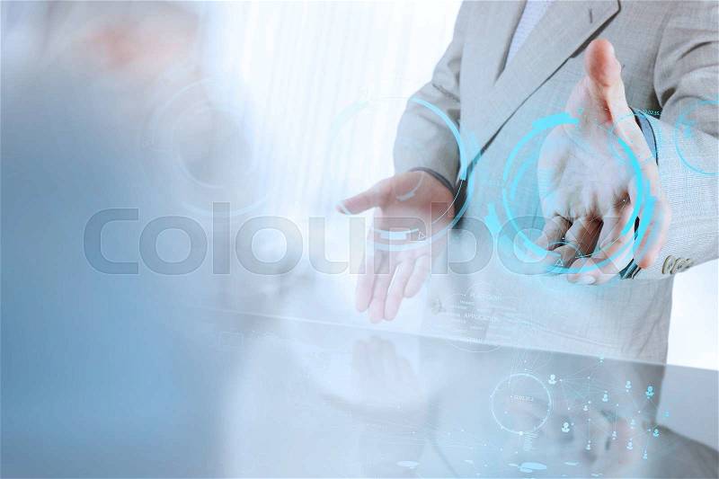 Double exposure of businessman shows modern technology as concept, stock photo