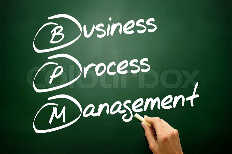 Hand drawn Business process management (BPM) concept on blackboard , stock photo
