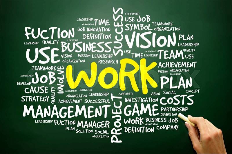 Hand drawn Word cloud of WORK related items, business concept on blackboard , stock photo