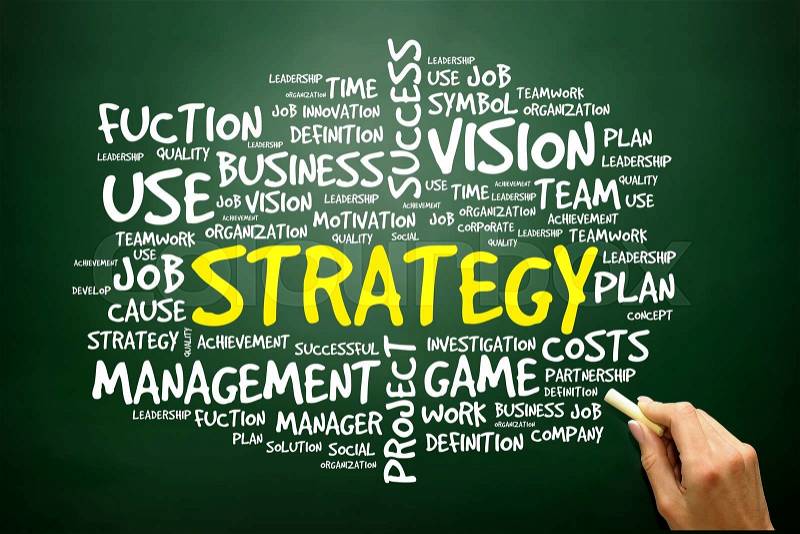 Hand drawn Word cloud of STRATEGY related items, business concept on blackboard , stock photo