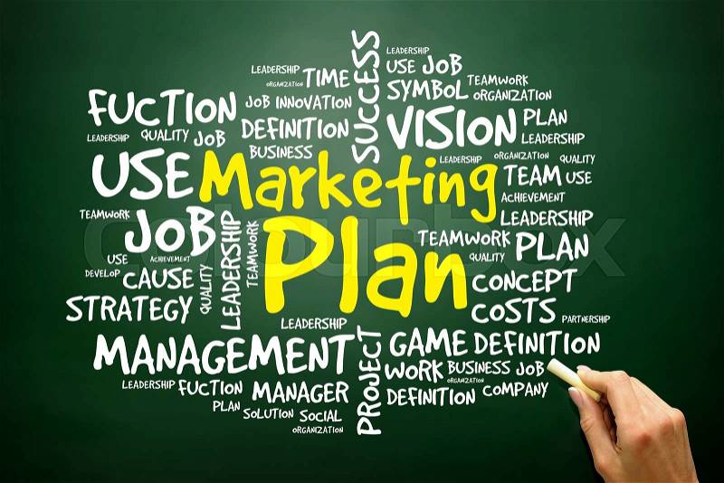 Hand drawn Word cloud of Marketing Plan related items, business concept on blackboard , stock photo