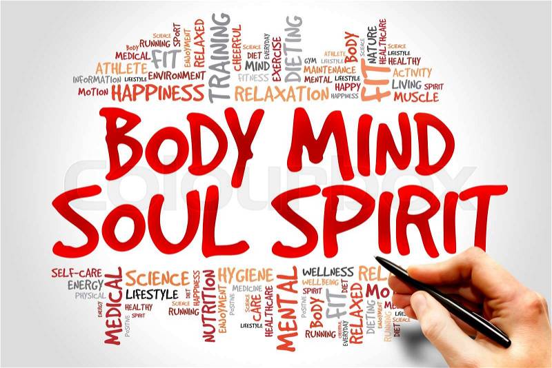 Body Mind Soul Spirit word cloud, health concept, stock photo