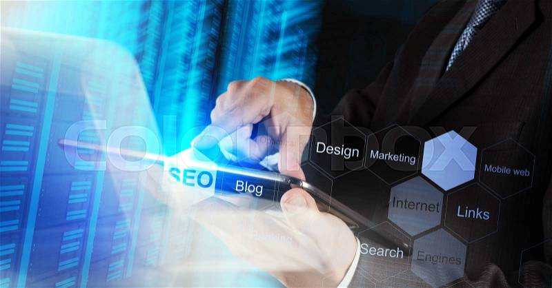 Businessman hand showing search engine optimization SEO as concept , stock photo