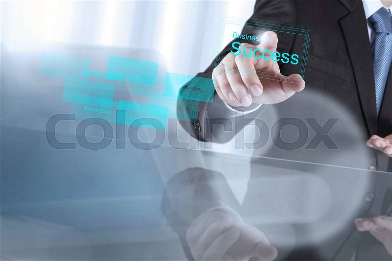 Businessman hand shows business success chart concept on virtual screen , stock photo