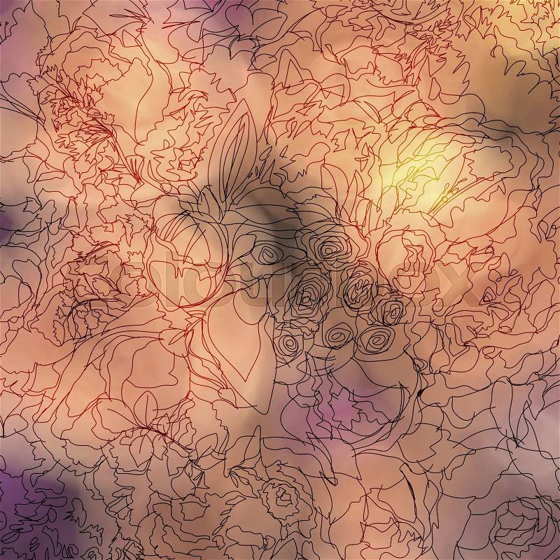 Hand drawn abstract flowers on blurred flower background , stock photo